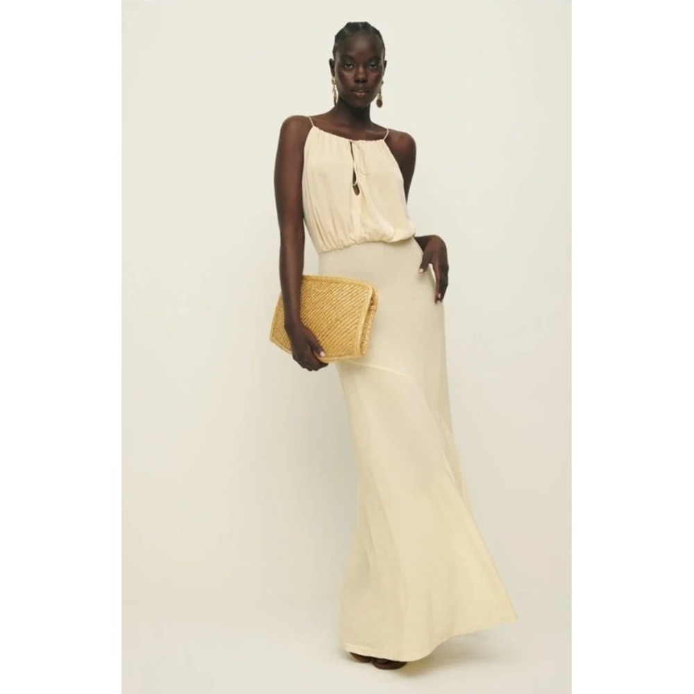 NWT Reformation Lupe Knit Dress Sugar Beige Shimmer Maxi Halter Keyhole M
